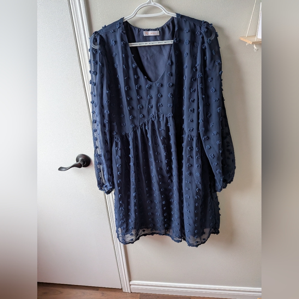 V-Neck Long Sleeve Navy Mini Dress with Textured Dot Overlay